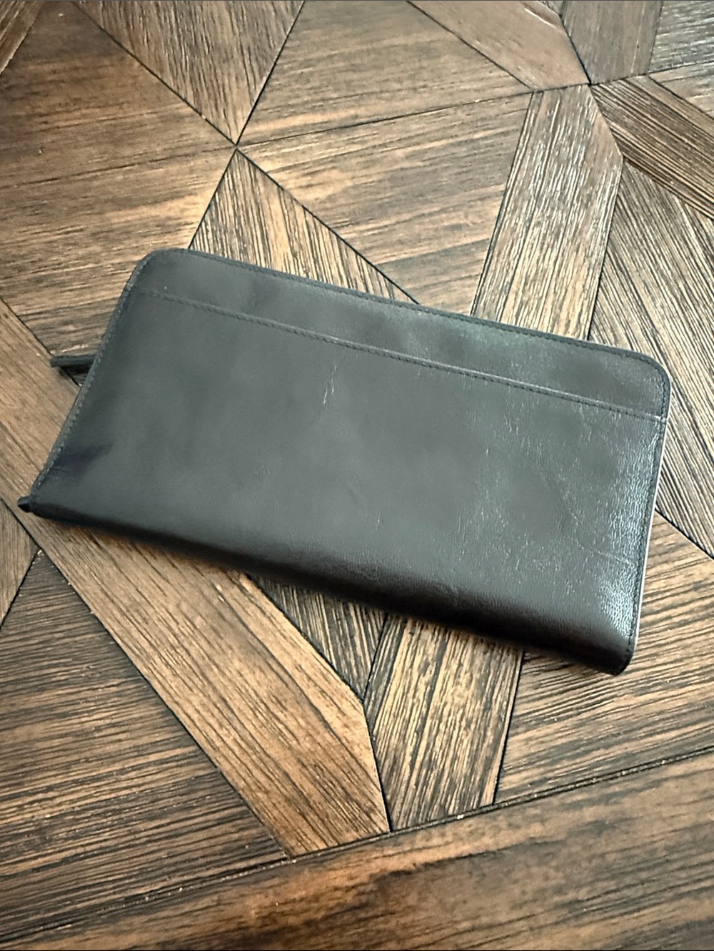 Tusk Full Grain Leather Continental Wristlet Wallet Clutch Black/Tan Like New